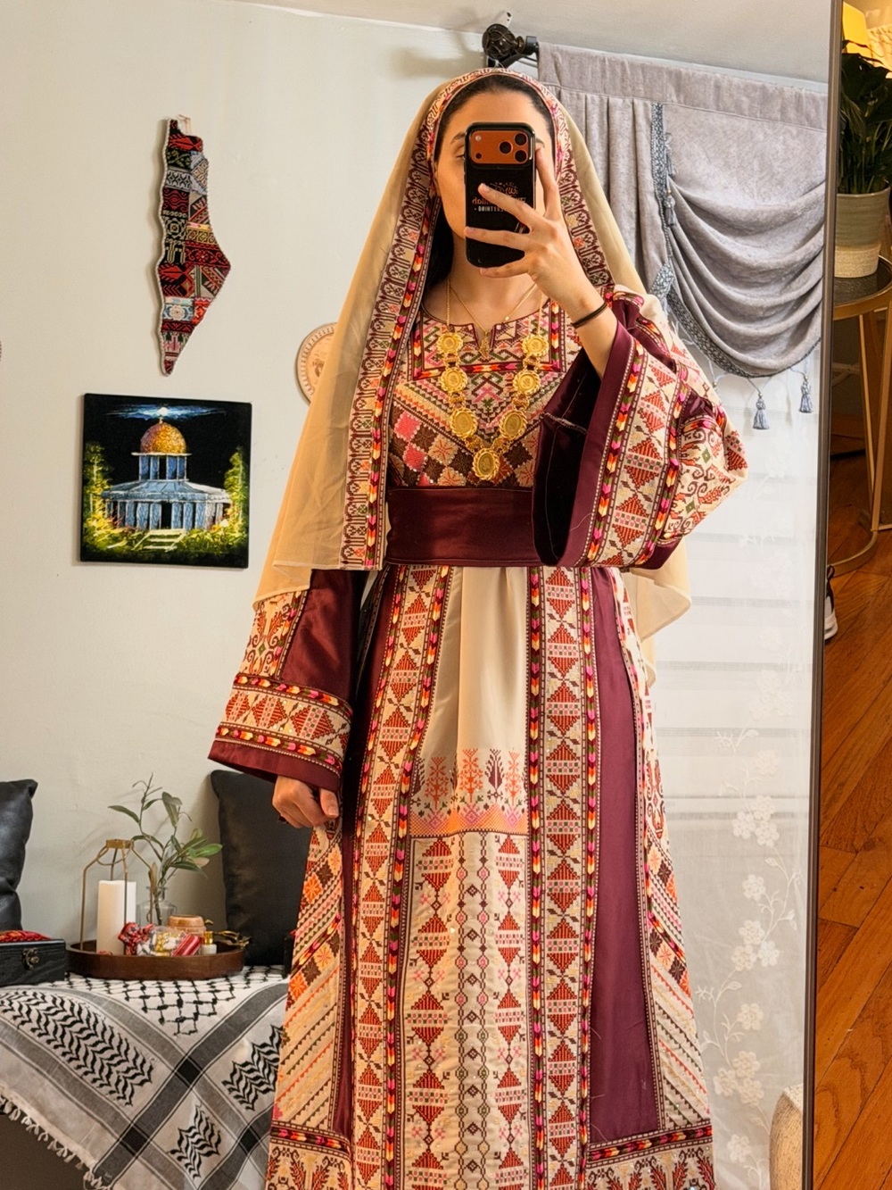 # Palestinian # thobe Embroidered with Cream Veil in Burgundy and Cream